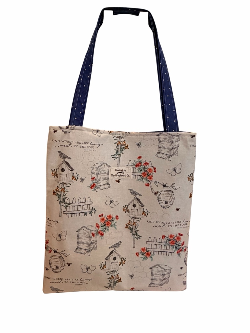 Handmade Floral Birdhouse & Beehive Canvas Tote Bag with Navy Strap - Picture 2 of 3